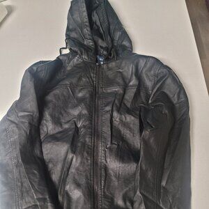 American Rag Men's Faux Leather Hooded Bomber Jacket Black Zip Up Size Small